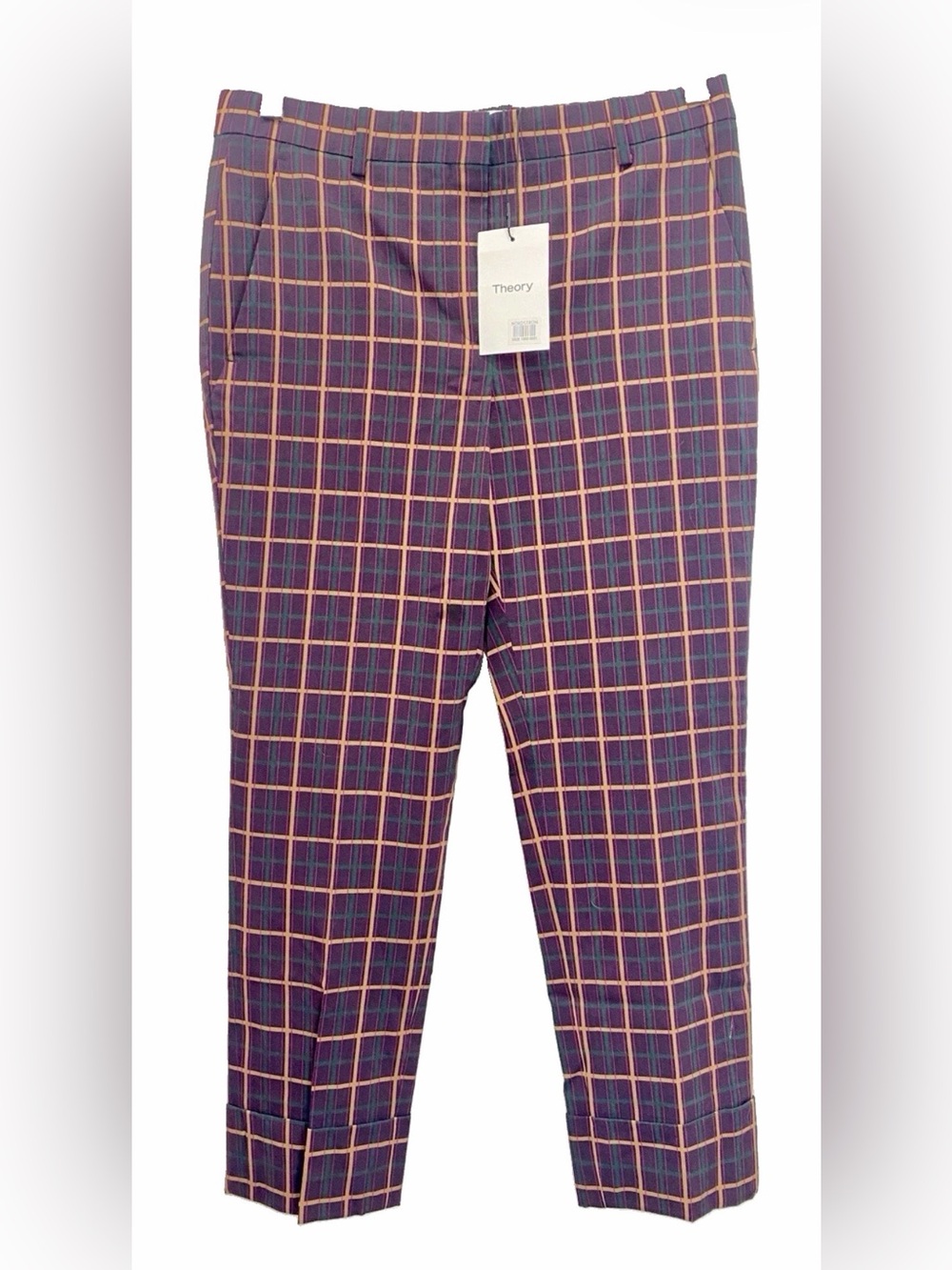 Theory Cropped Wool Cuffed Pant Plaid NWT Purple Multi York Plaid 2 Sz 4 *Flawed